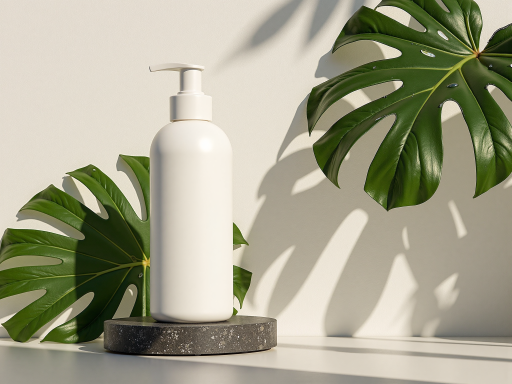 身体护理产品展示，白色瓶身装着乳白色身体乳，绿色包装标签，自然光线