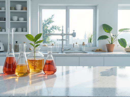 品牌故事背景图，绿色植物环绕的现代实验室场景，展示天然成分提取过程，温暖柔和光线