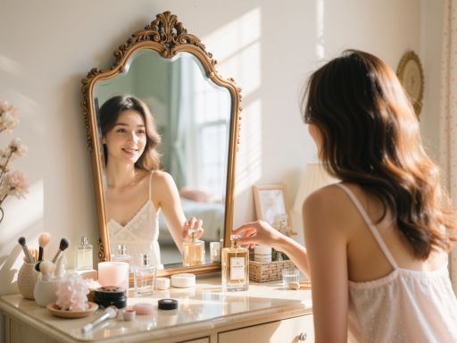 早晨护肤场景，年轻女性在明亮浴室镜子前涂抹护肤品，自然光线，温馨氛围