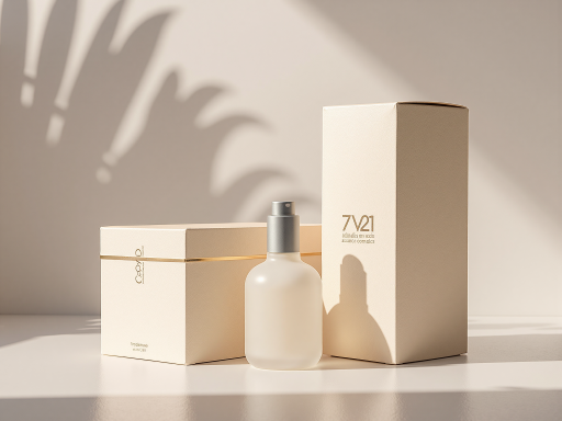 护肤精华产品展示，深色玻璃瓶装着淡粉色精华液，木质托盘，简约背景